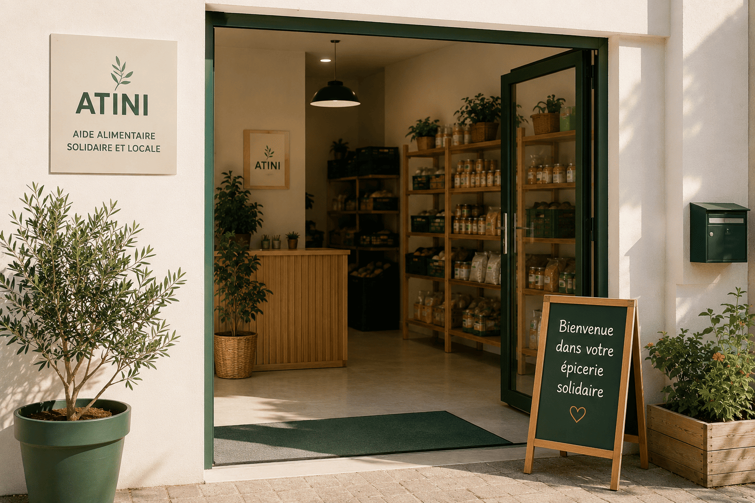 Entrée accueillante de l’épicerie solidaire ATINI