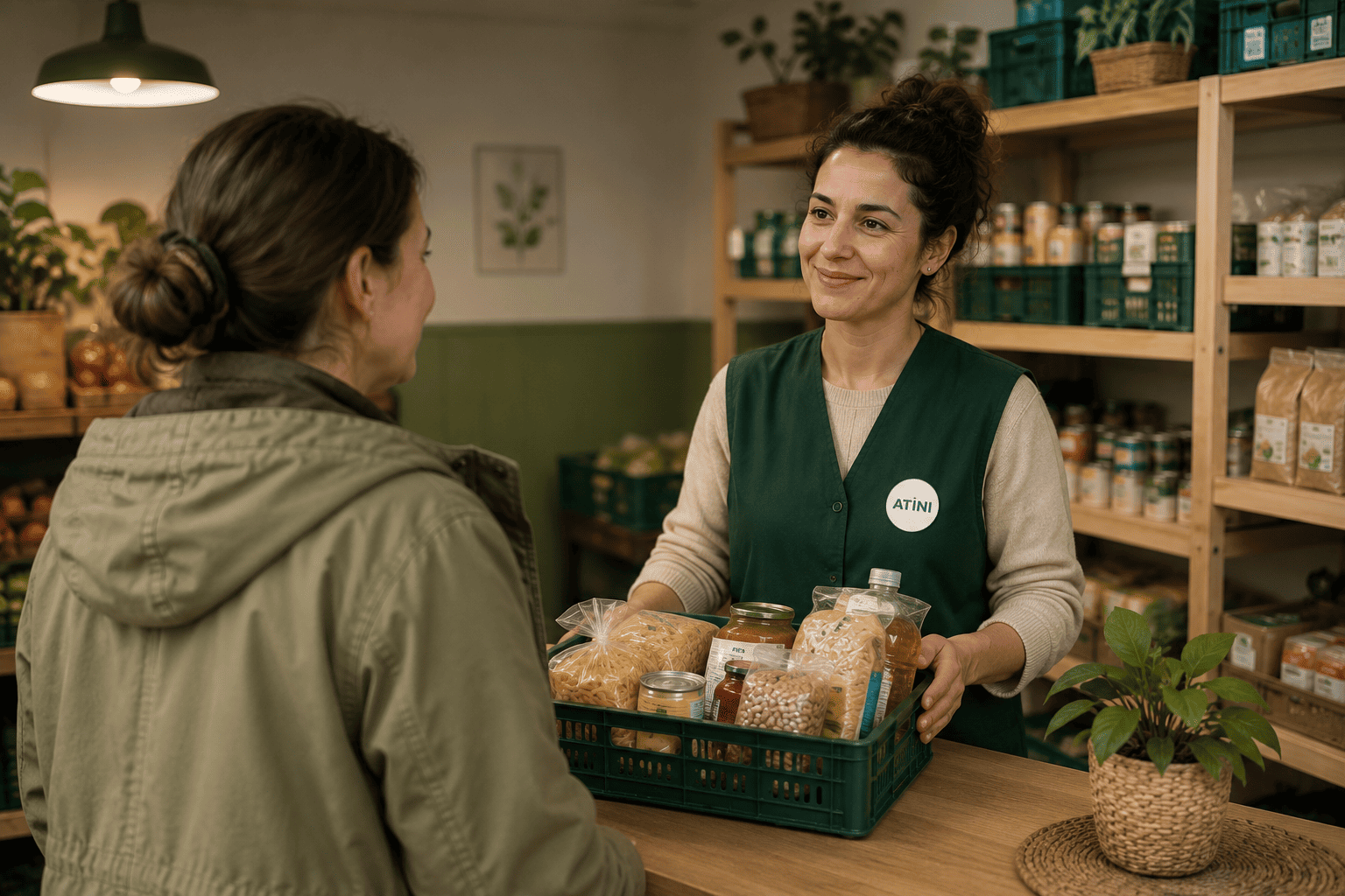 Bénévole ATINI accueillant chaleureusement une personne à l’épicerie solidaire