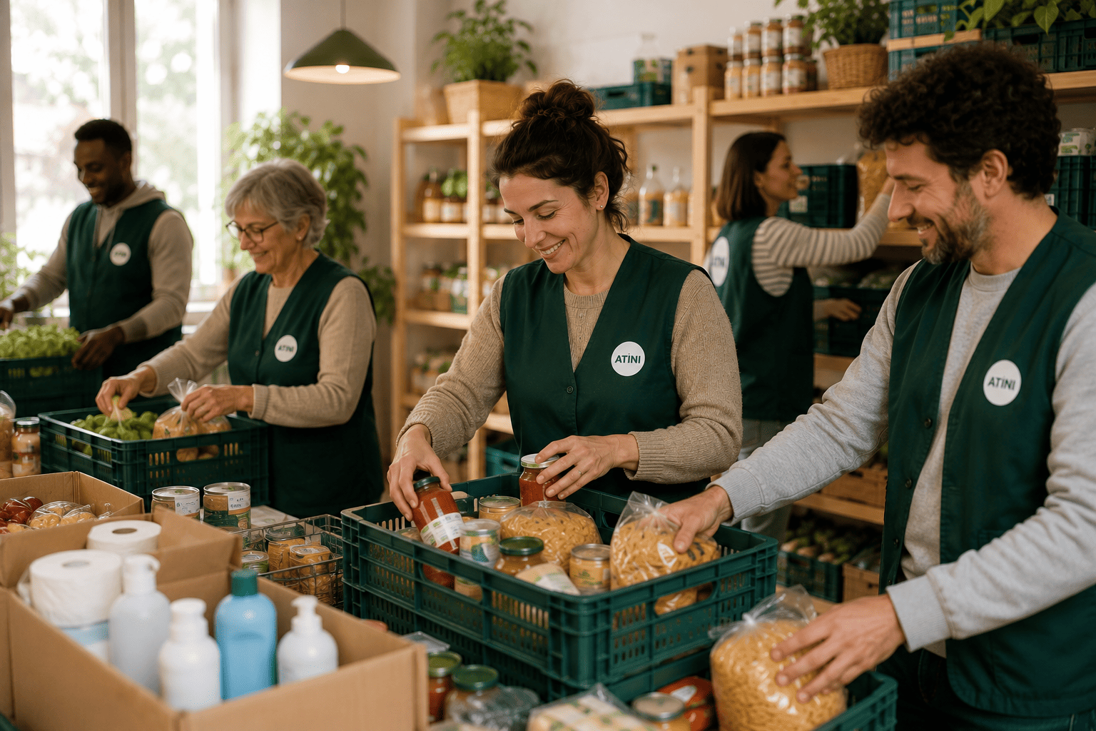 Bénévoles ATINI triant des denrées dans une ambiance conviviale