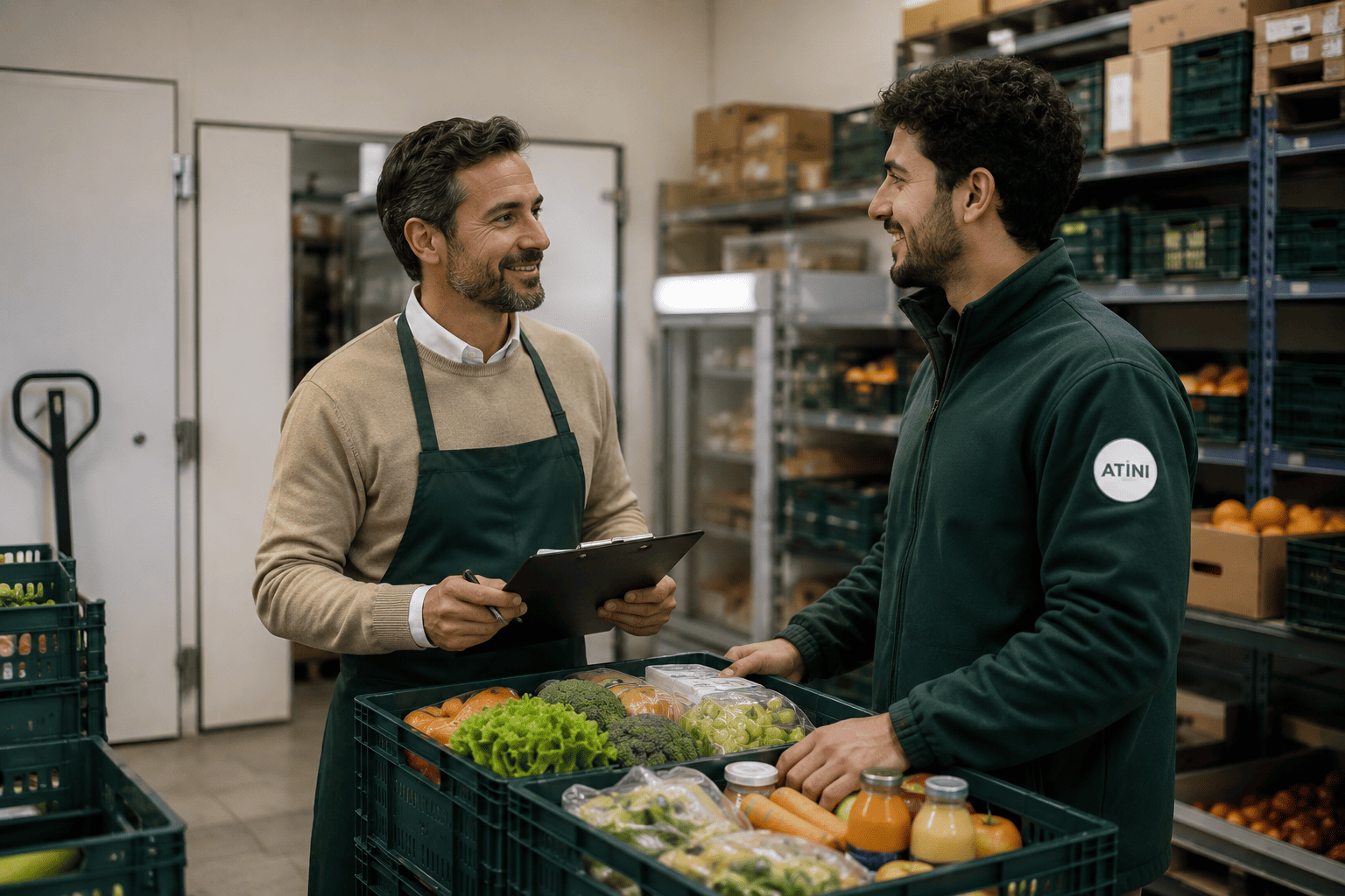Échange cordial entre un responsable de commerce et un bénévole ATINI