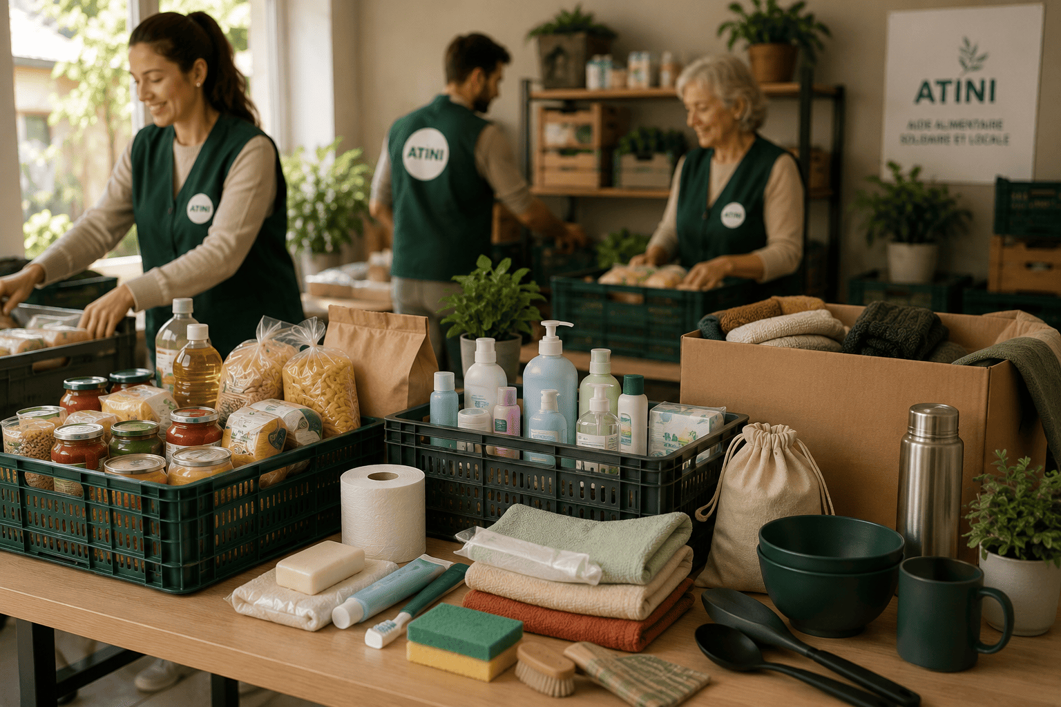 Denrées, produits de première nécessité et matériel préparés pour un don
