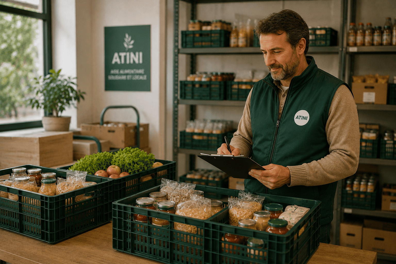 Bénévole ATINI vérifiant des caisses alimentaires prêtes pour une collecte