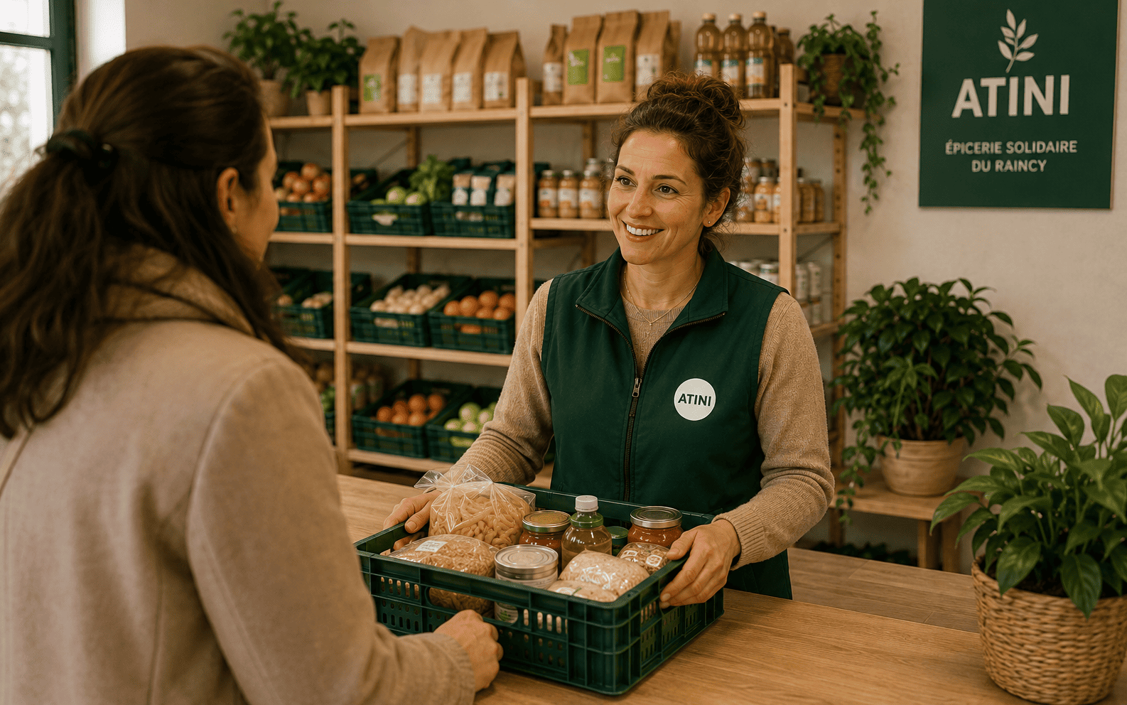 Accueil chaleureux d’une personne dans l’épicerie solidaire ATINI