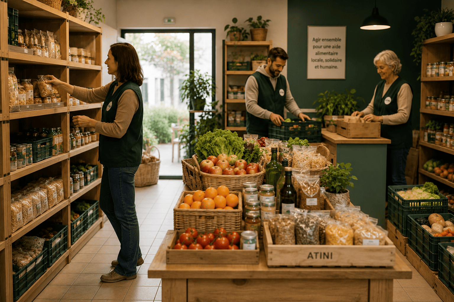 Intérieur lumineux de l’épicerie solidaire ATINI avec des rayonnages organisés
